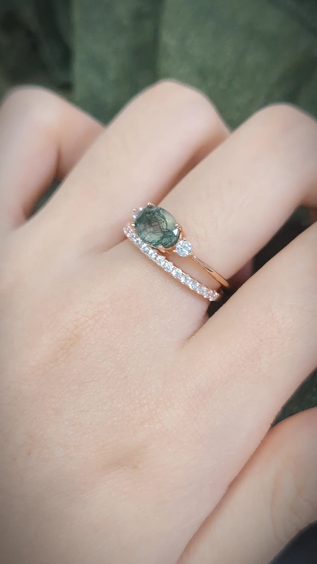 Oval Moss Agate Three Stones Engagement Ring Set 2pcs