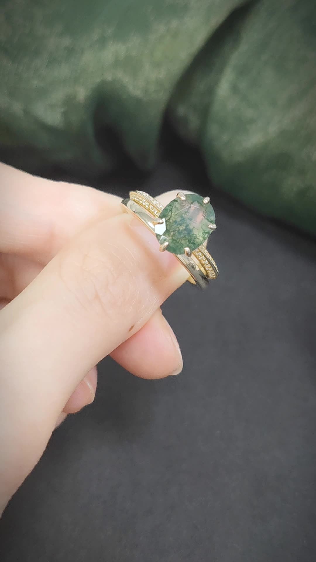 Oval Moss Agate Solitaire Engagement Ring Set 2pcs