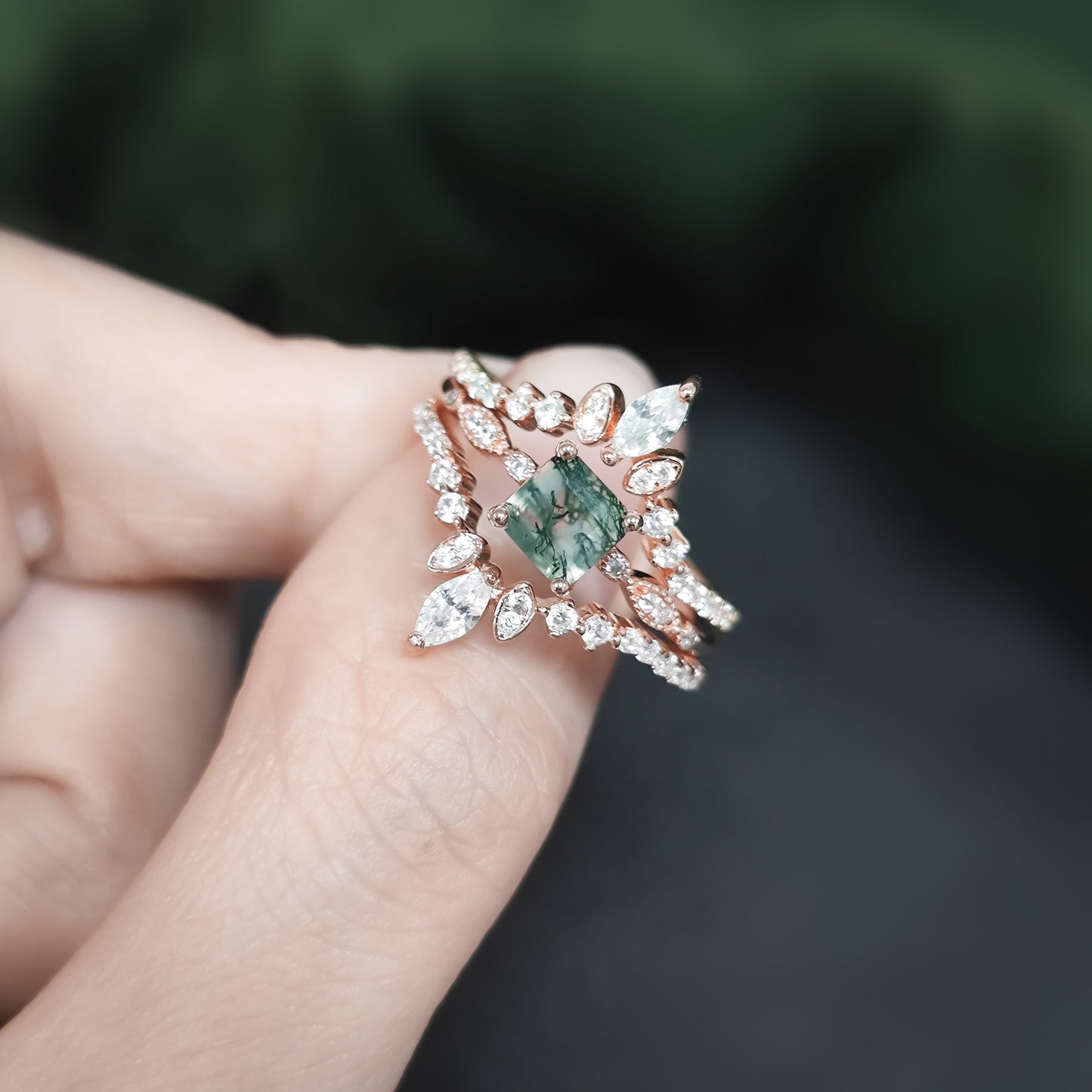 Princess Cut Moss Agate Engagement Ring Set 3 pcs