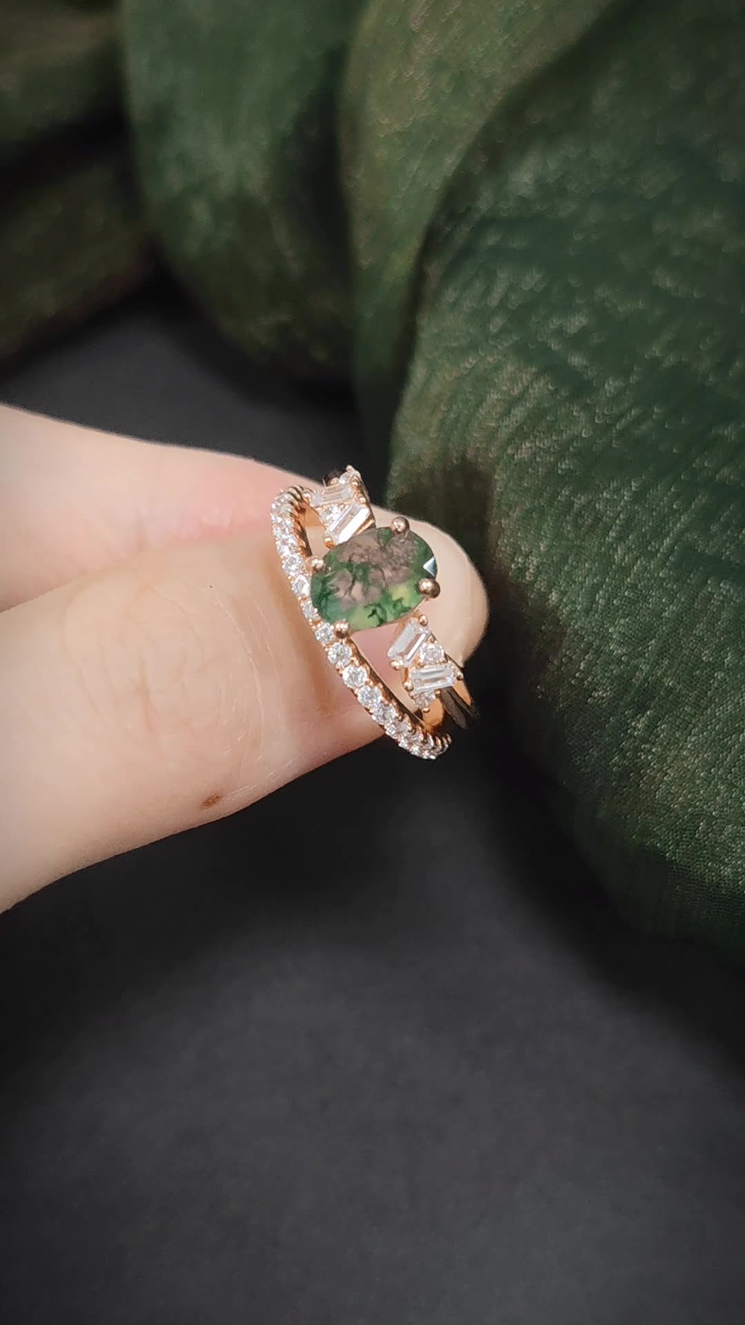 Oval Style Unique Design Moss Agate Engagement Ring