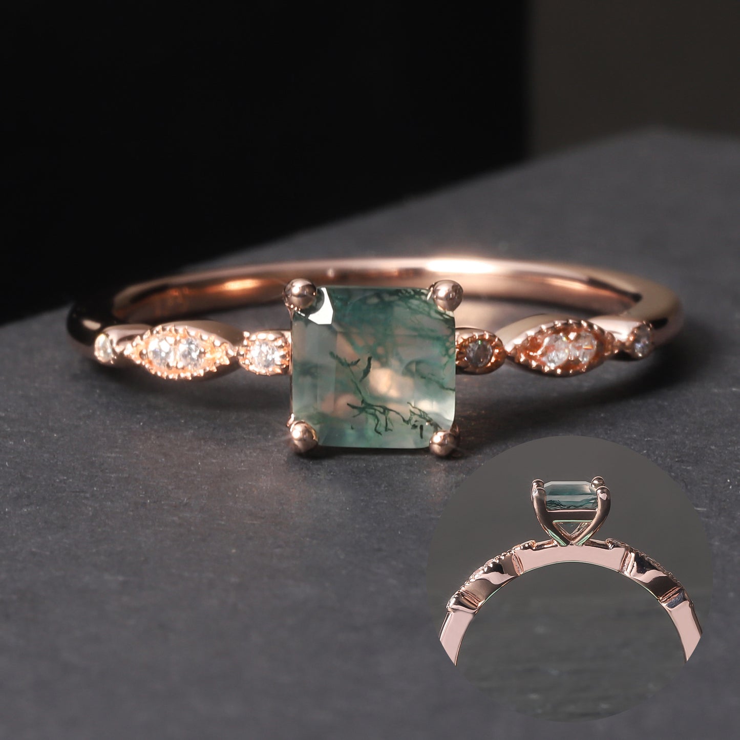 Princess Cut Moss Agate Vintage Engagement Ring