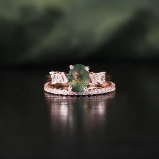 Unique Oval Moss Agate Engagement Ring Set 2pcs