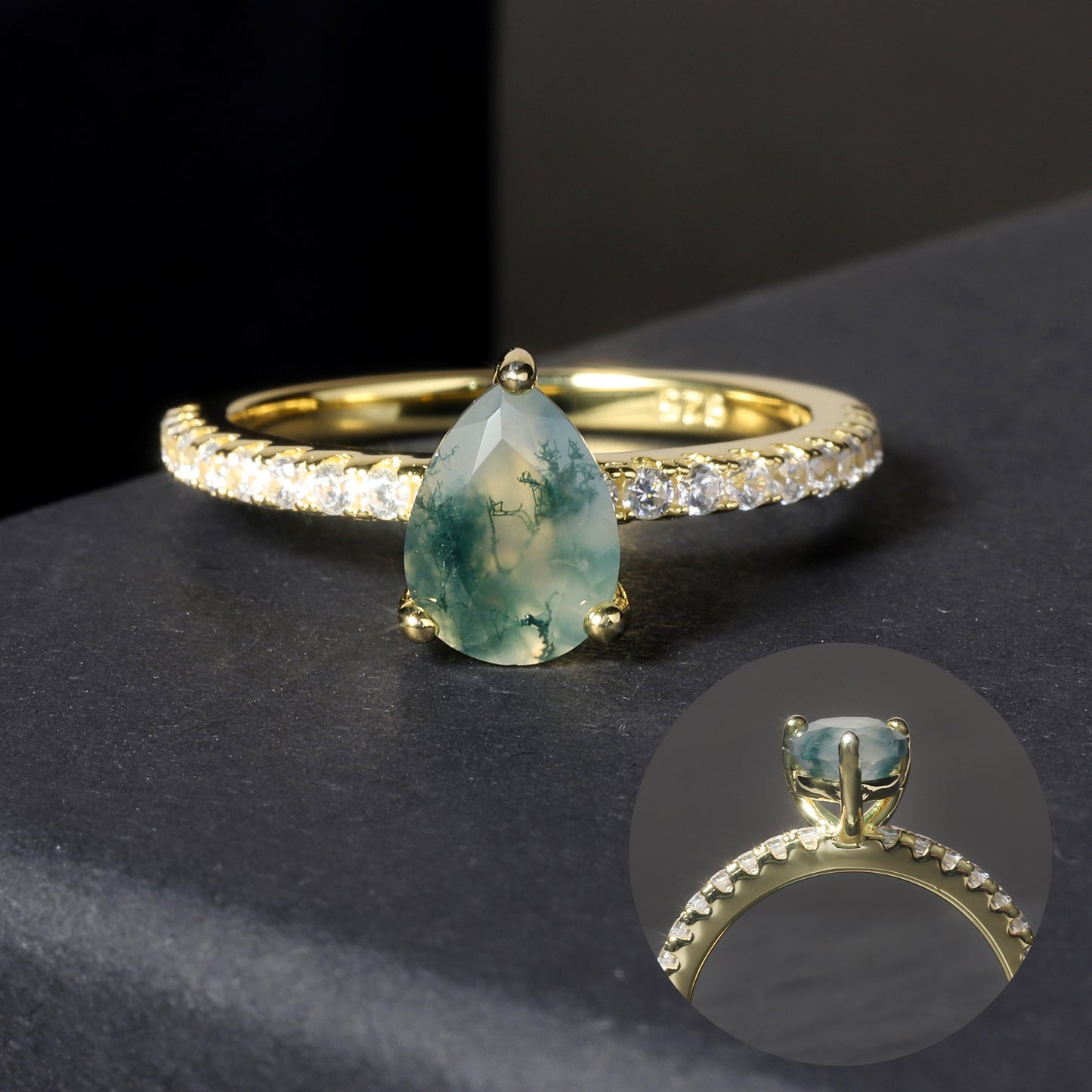 Unique Pear Cut Moss Agate Engagement Ring