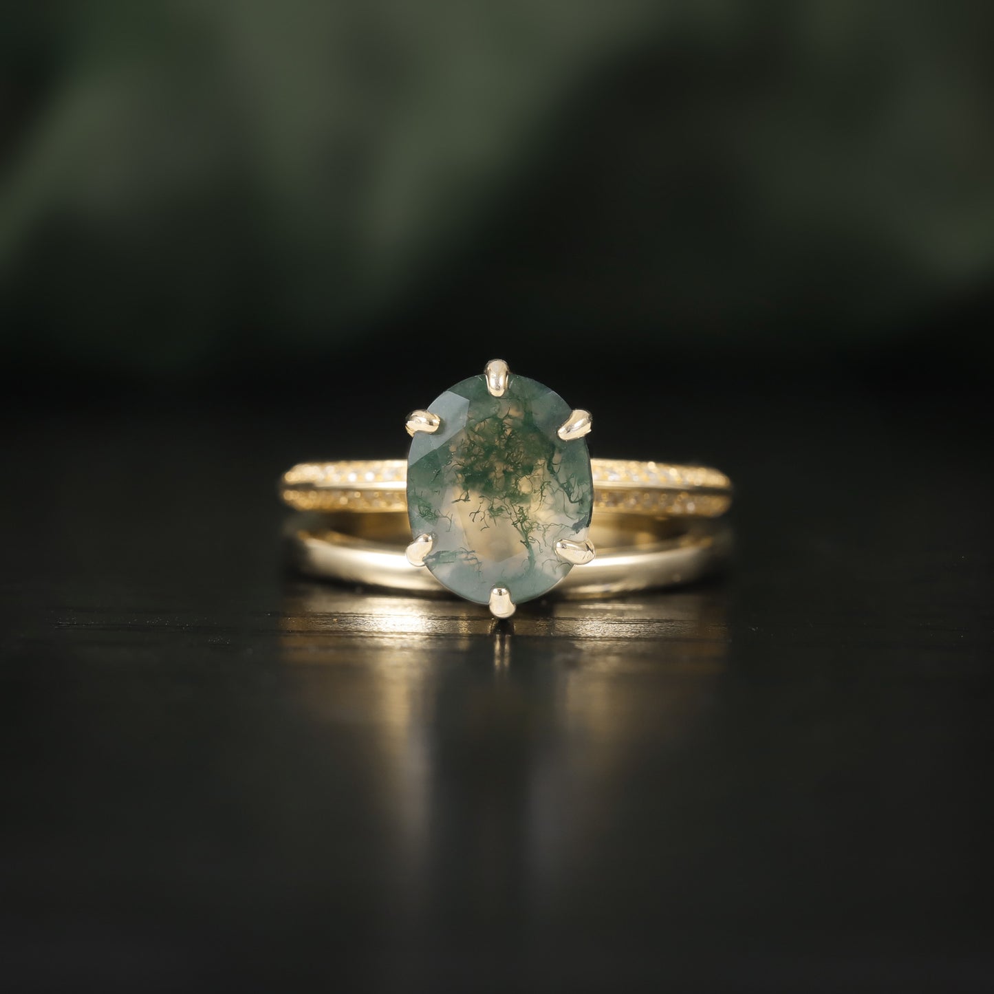 Oval Moss Agate Solitaire Engagement Ring Set 2pcs