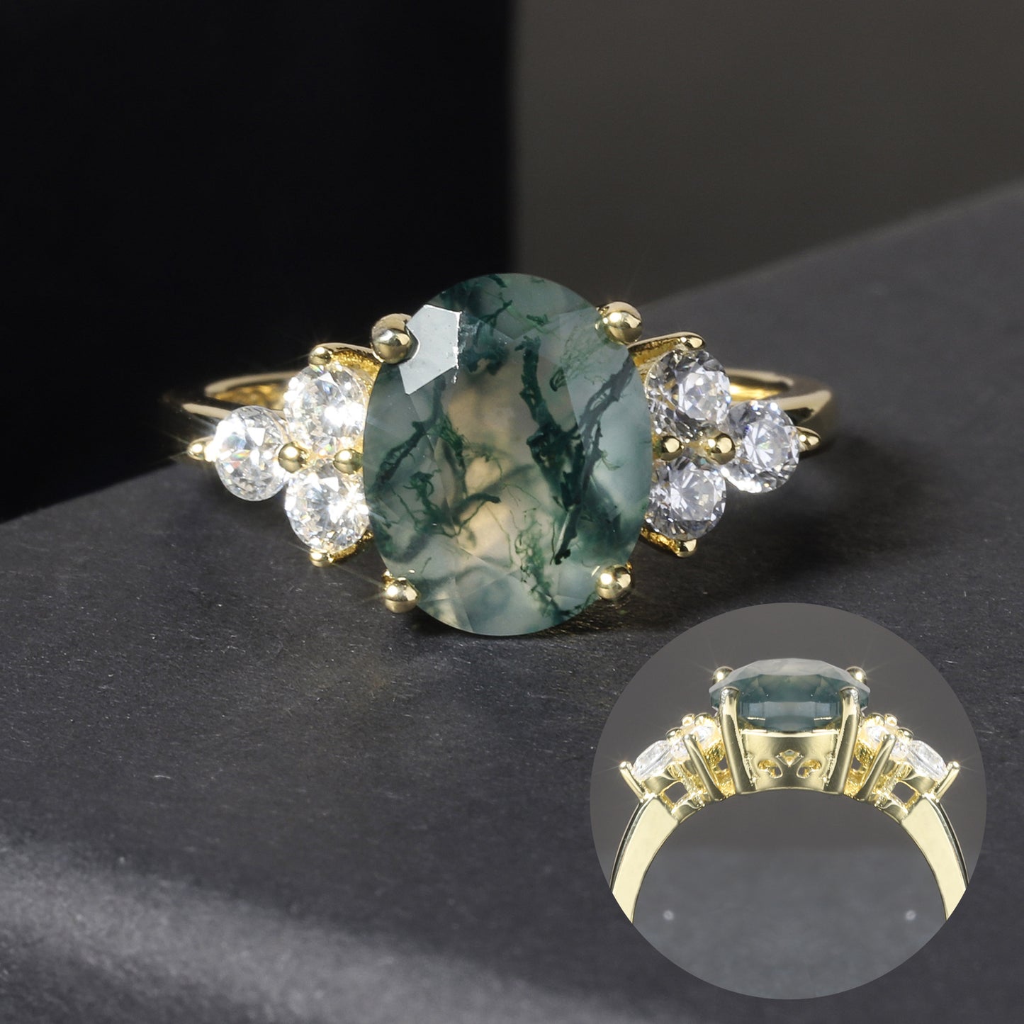 Oval Classic Moss Agate Cluster Engagement Ring
