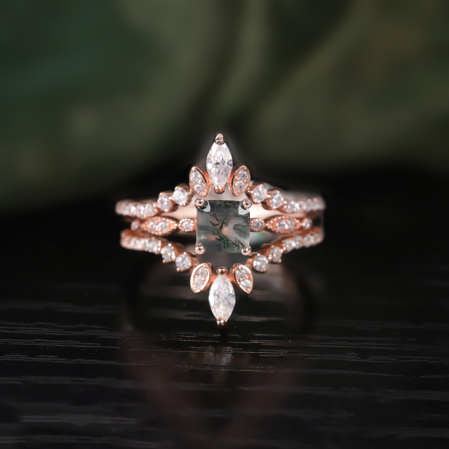 Princess Cut Moss Agate Engagement Ring Set 3 pcs