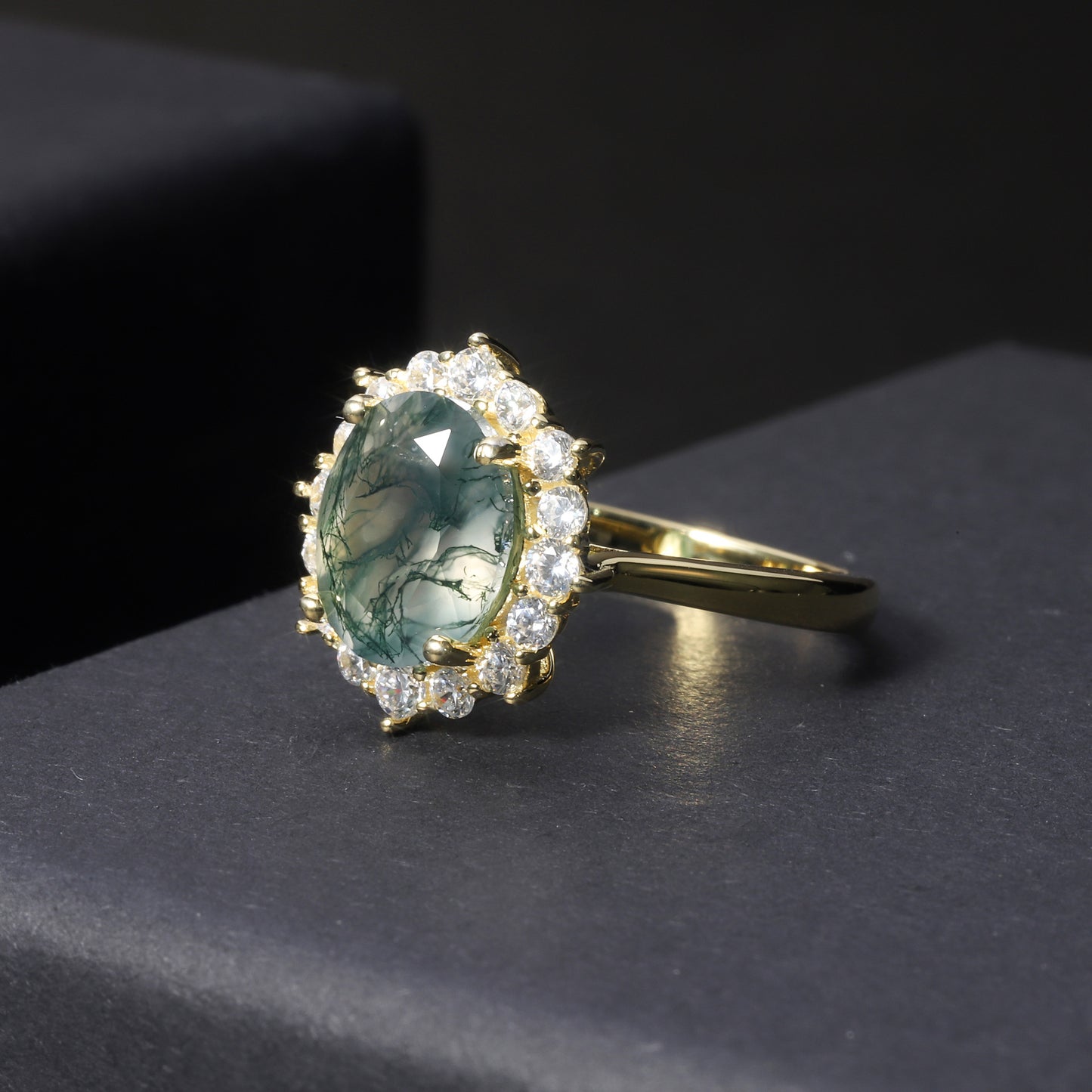 Halo Oval Moss Agate Vintage Engagement Ring
