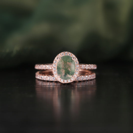Oval Halo Zircon Pave Moss Agate Classic Engagement Ring Set 2pcs