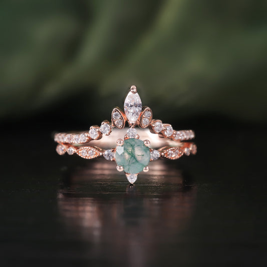 Round Cut Moss Agate Unique Engagement Ring Set 2pcs