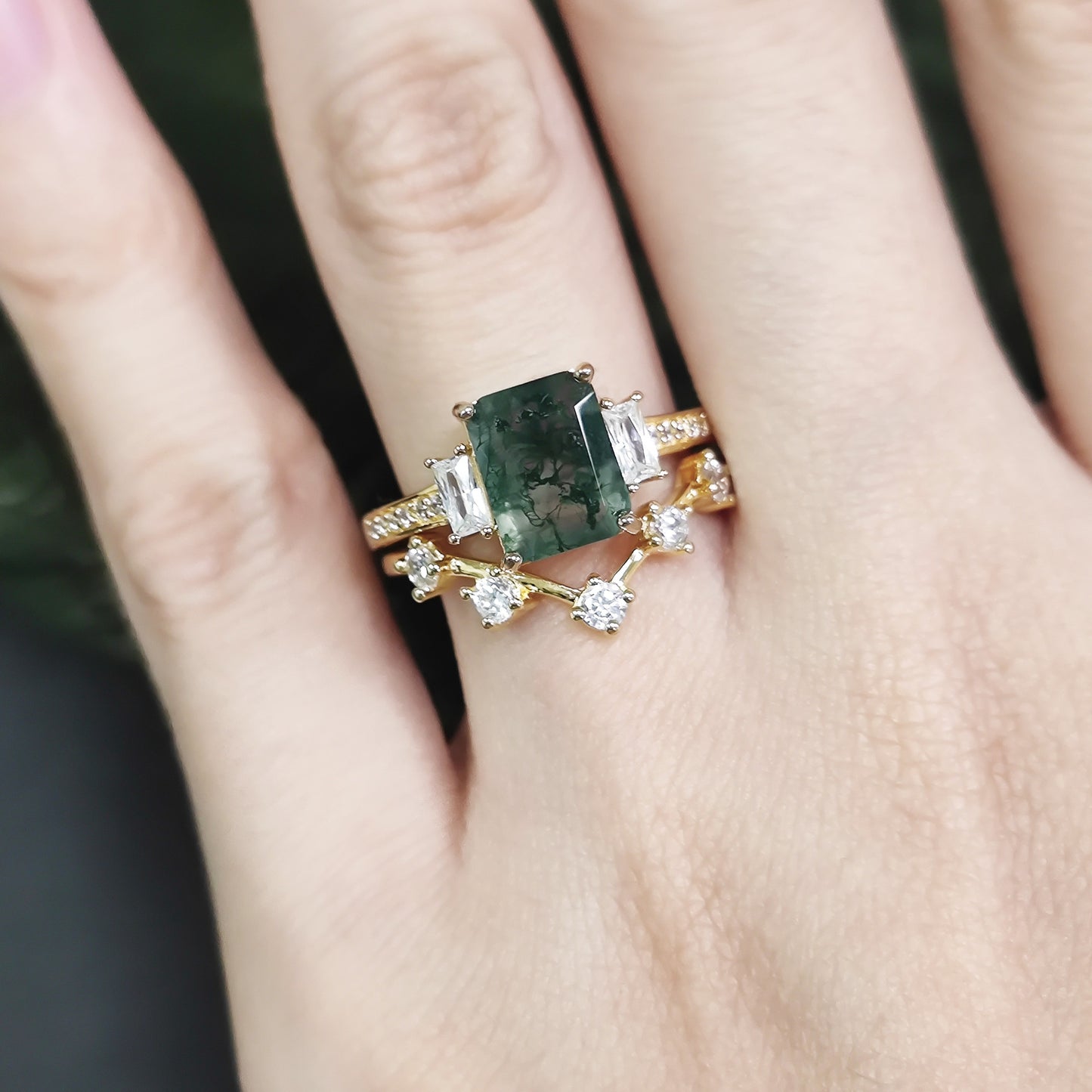 Emerald Cut Moss Agate Three-Stone Vintage Inspire Gold Ring Set 2pcs