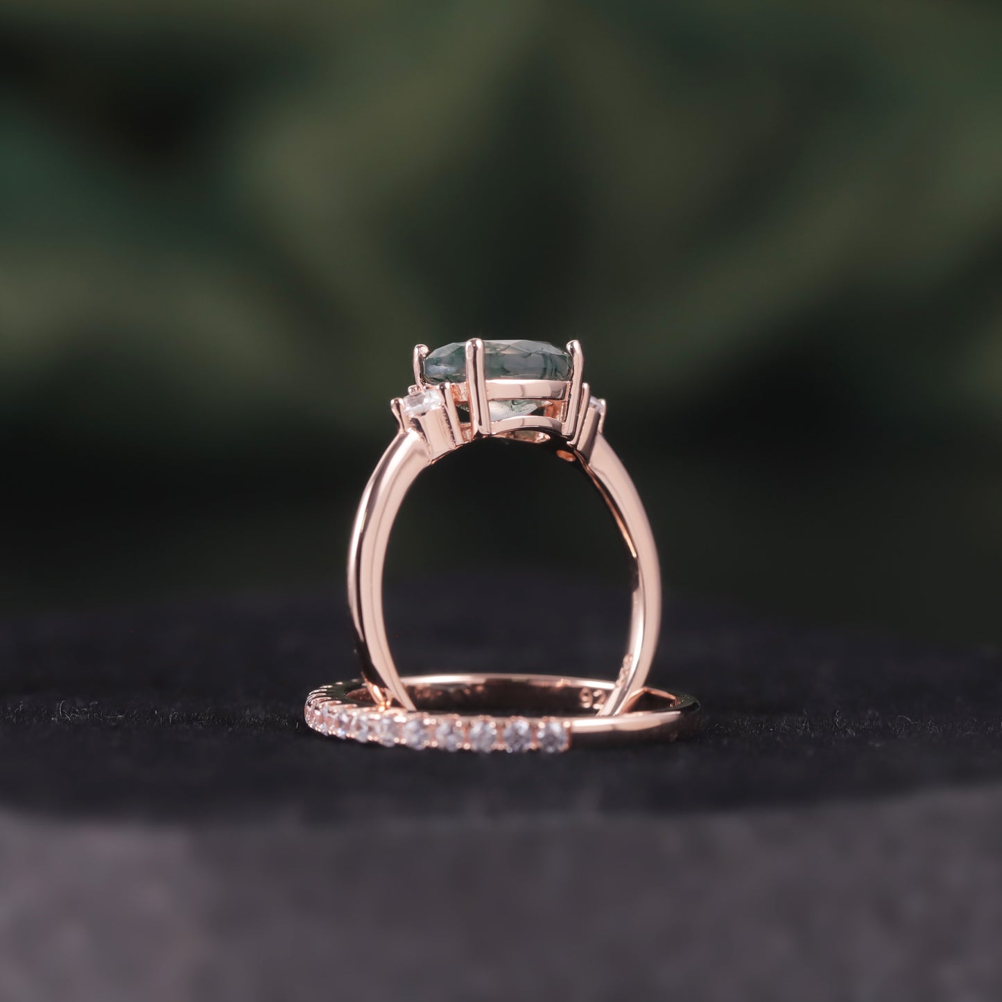 Oval Moss Agate Three Stones Engagement Ring Set 2pcs