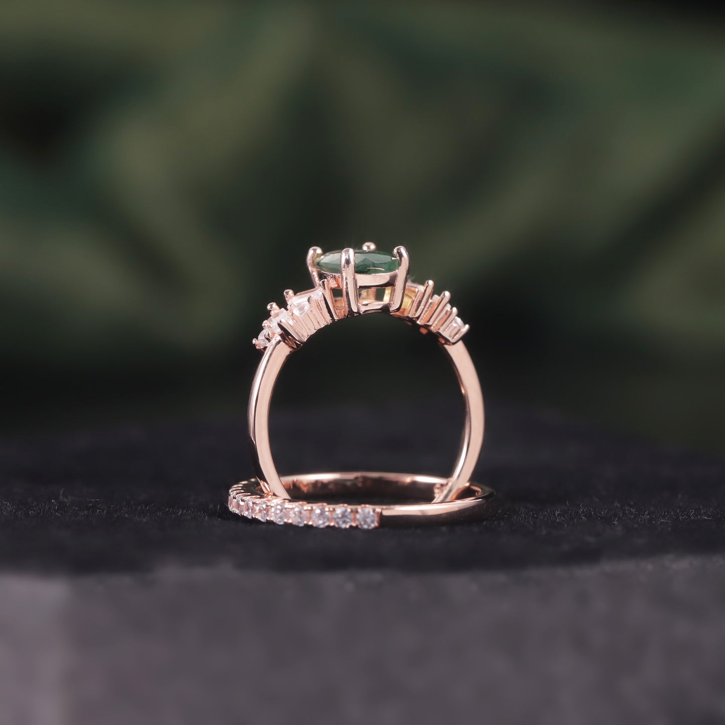 Unique Oval Moss Agate Engagement Ring Set 2pcs