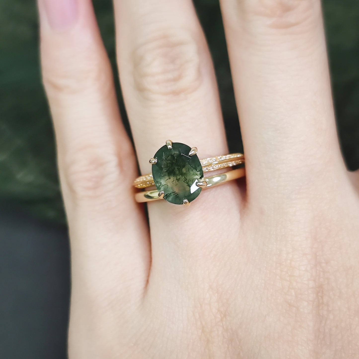 Oval Moss Agate Solitaire Engagement Ring Set 2pcs
