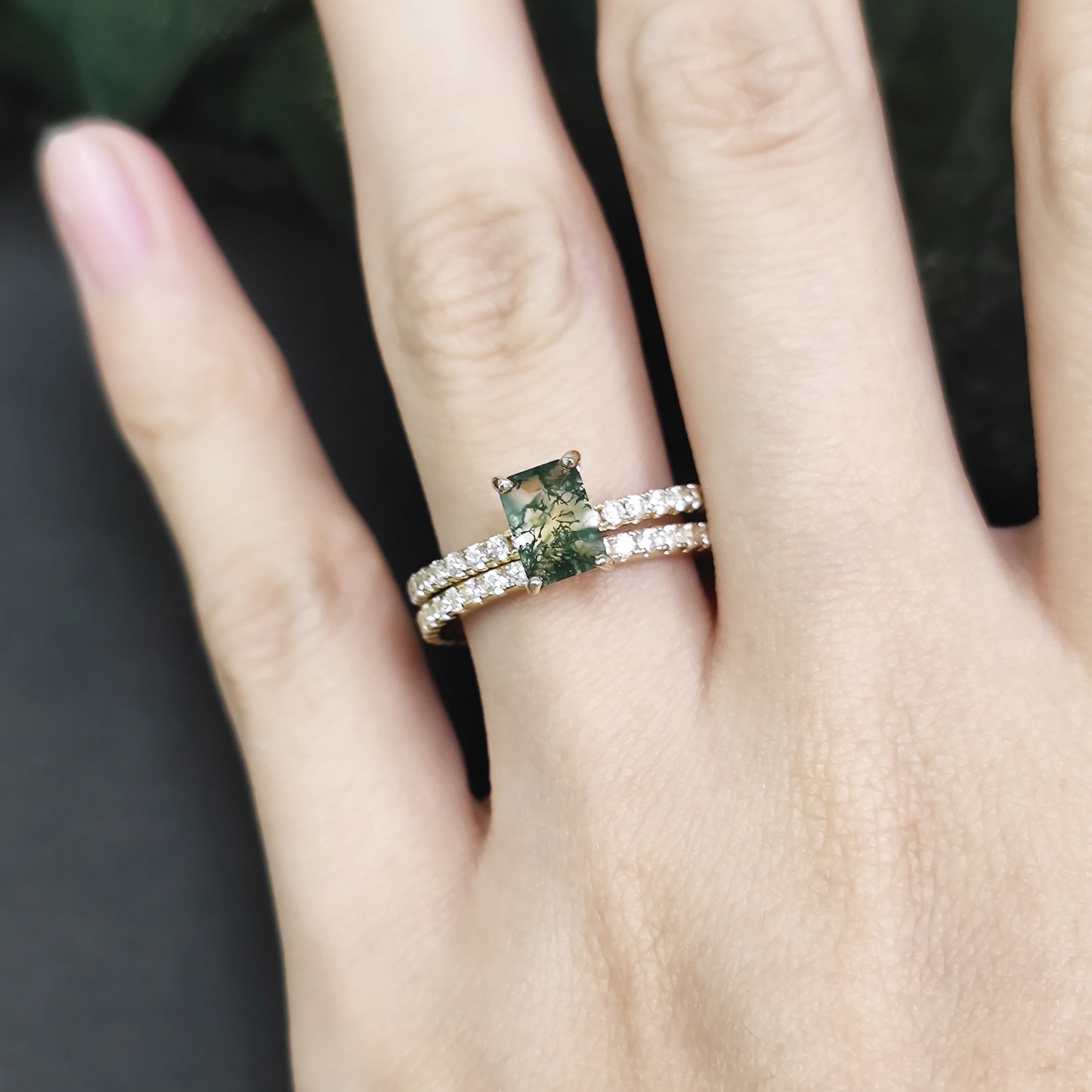 Emerald Cut Moss Agate Classic Engagement Ring Set 2pcs