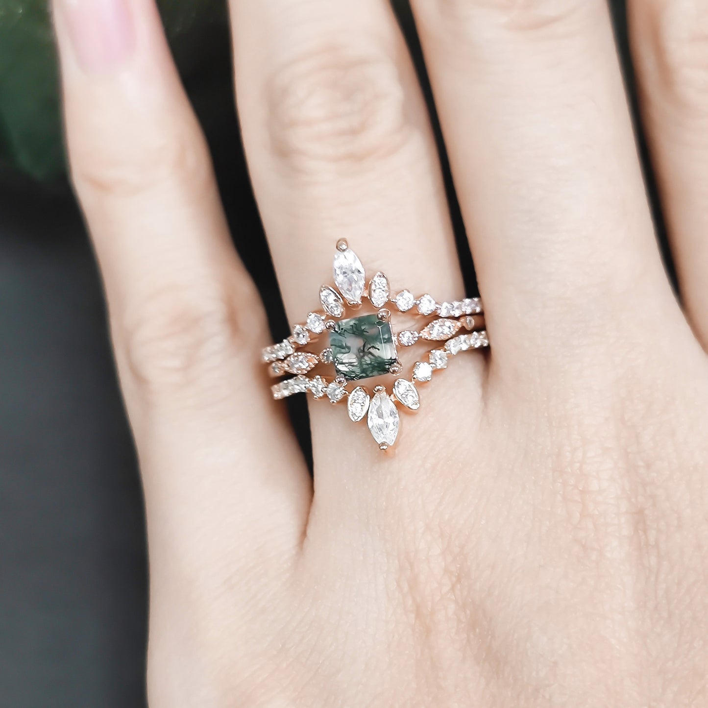 Princess Cut Moss Agate Vintage Engagement Ring