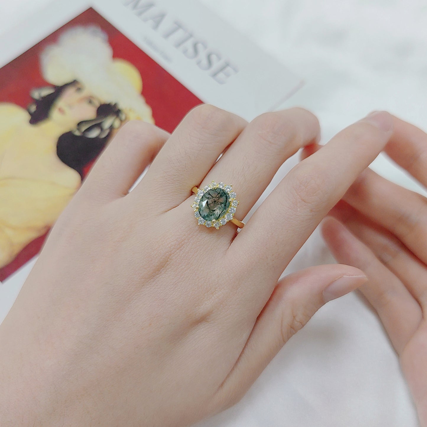 Halo Oval Moss Agate Vintage Engagement Ring