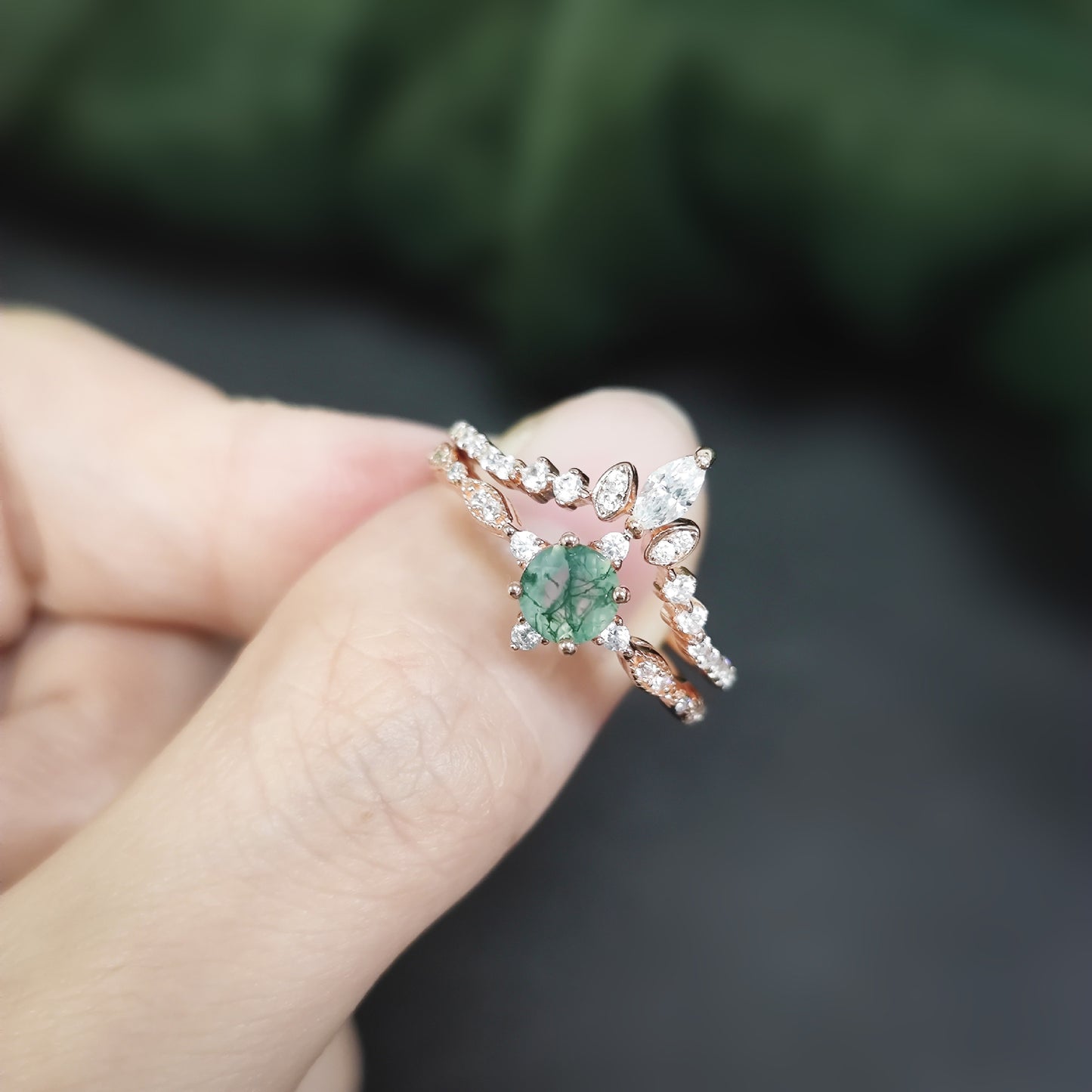 Round Cut Moss Agate Unique Engagement Ring Set 2pcs