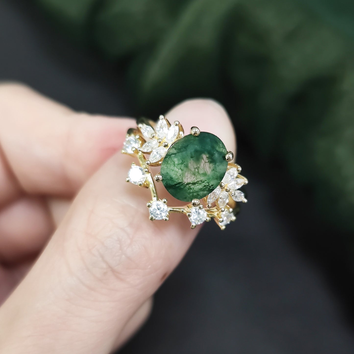 Oval Cluster Moss Agate Engagement Ring Set 2pcs
