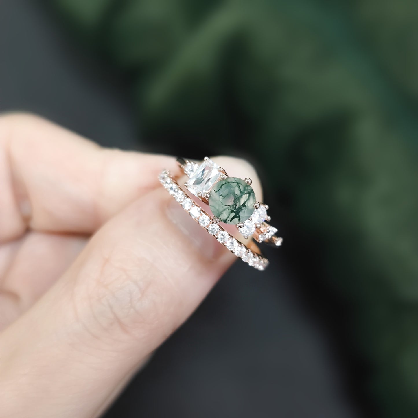 Moss Agate Leafy Vine & Cluster Engagement Ring Set 2pcs