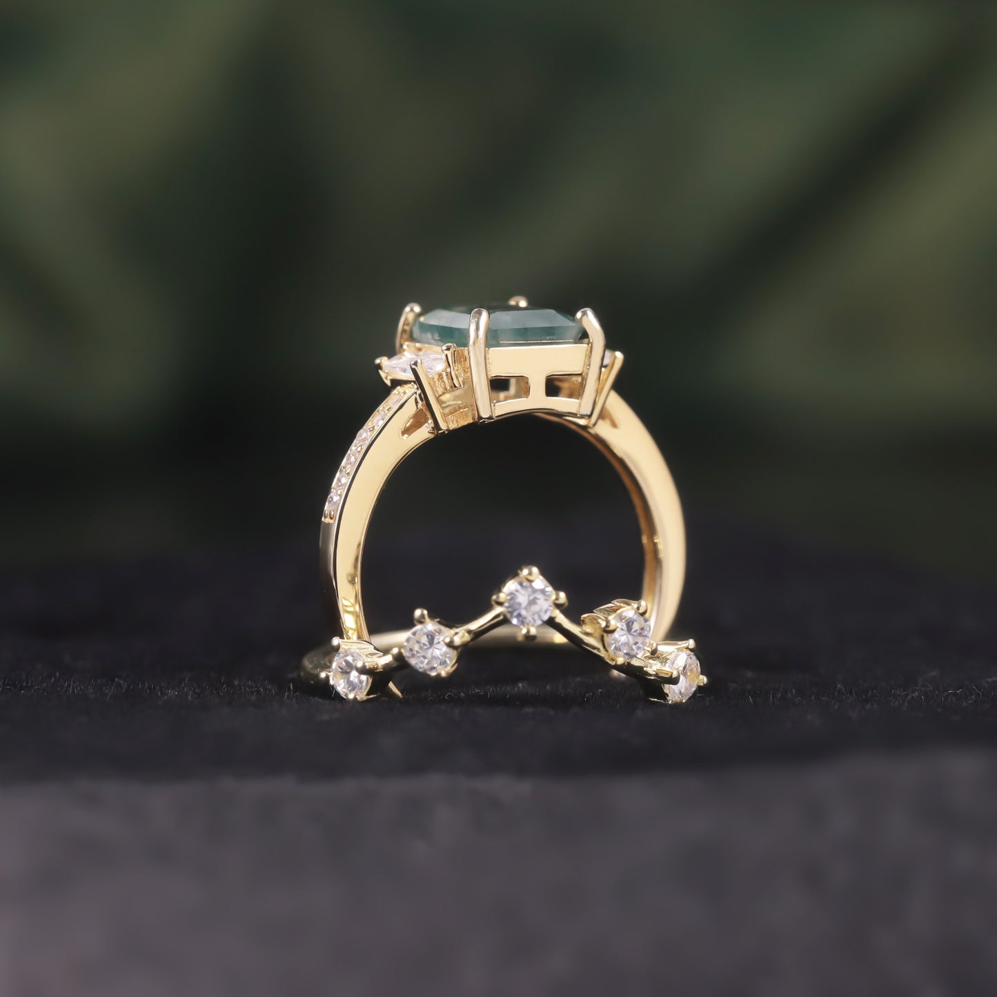 Emerald Cut Moss Agate Three-Stone Vintage Inspire Gold Ring Set 2pcs