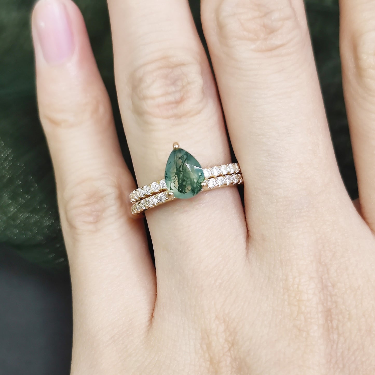 Pear Shaped Moss Agate Engagement Classic Solitaire Ring Set 2pcs