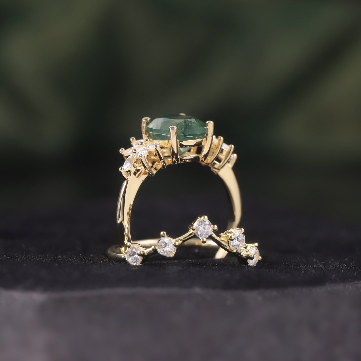 Oval Cluster Moss Agate Engagement Ring Set 2pcs