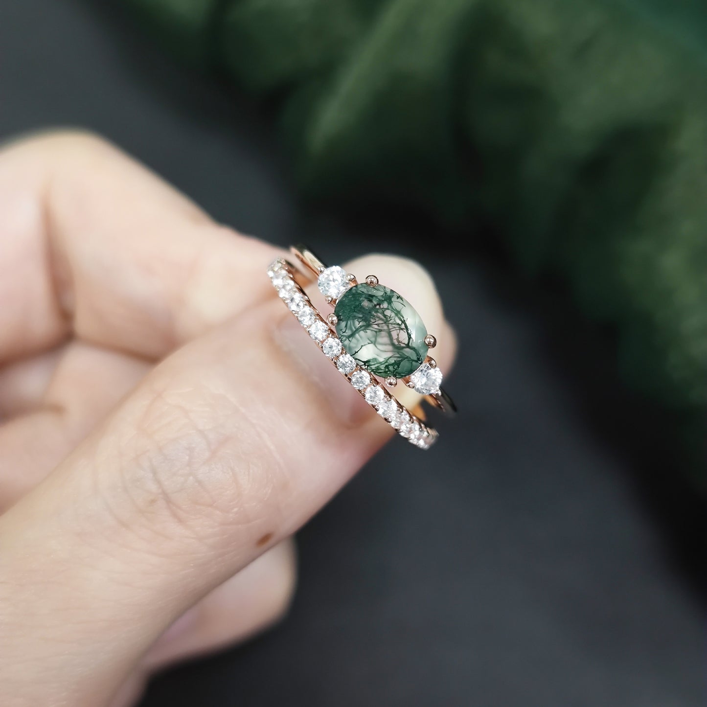 Oval Moss Agate Three Stones Engagement Ring Set 2pcs