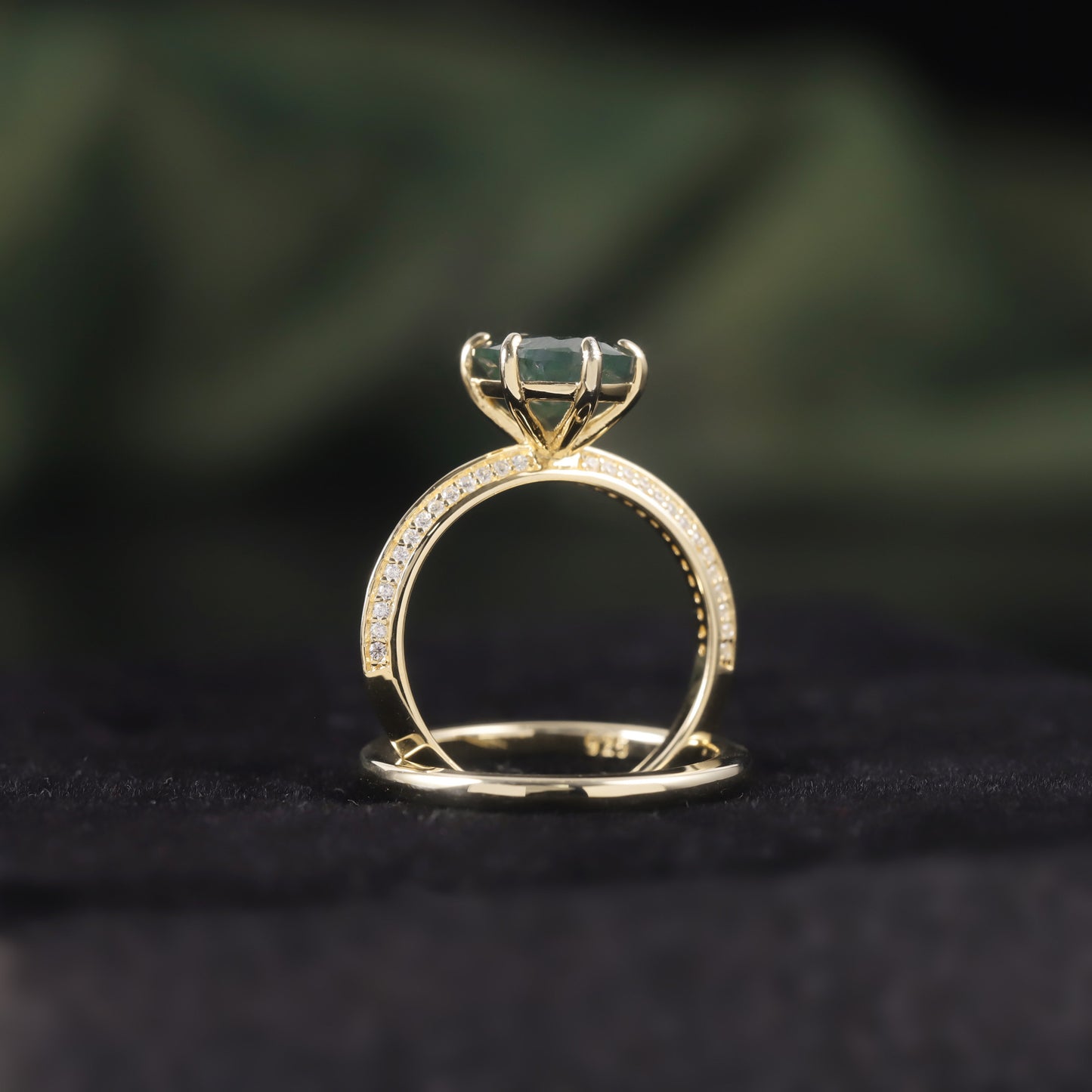 Oval Moss Agate Solitaire Engagement Ring Set 2pcs