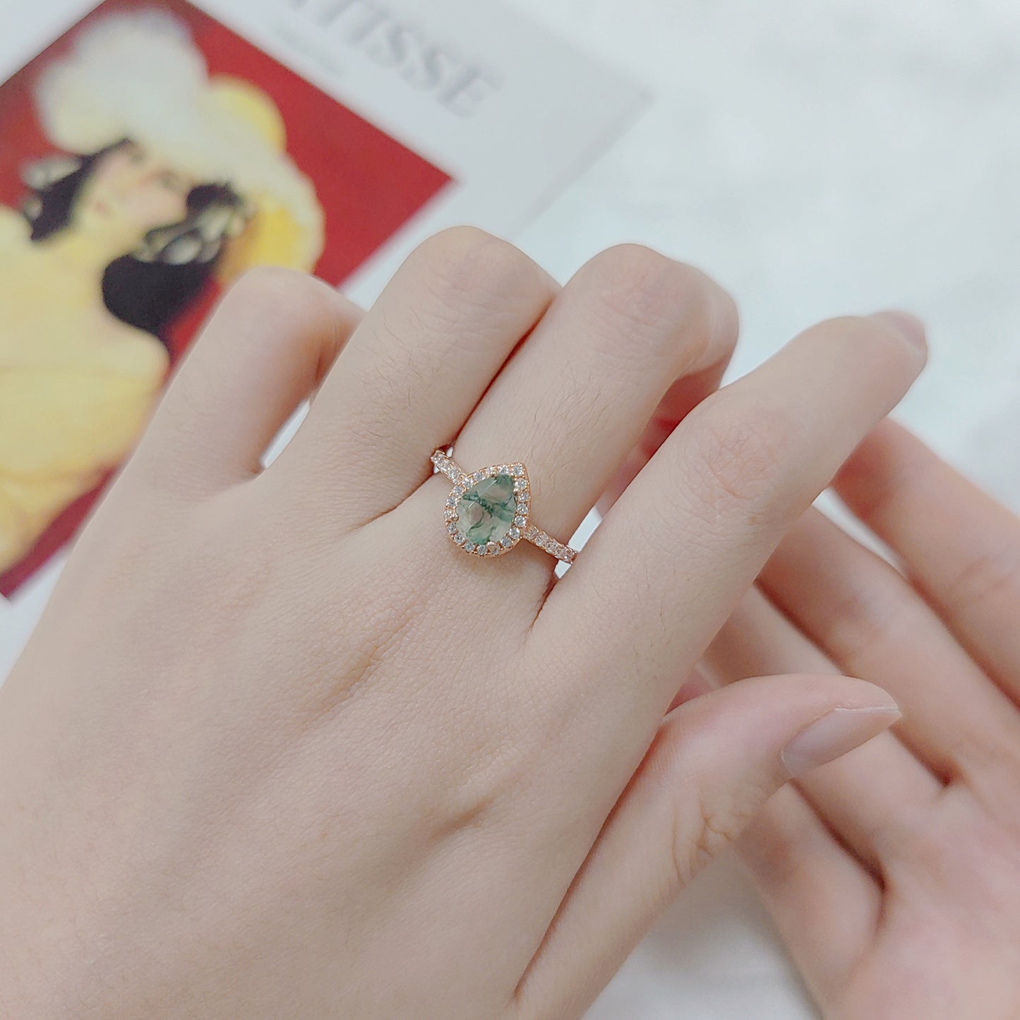 Pear Shaped Halo Moss Agate Engagement Ring
