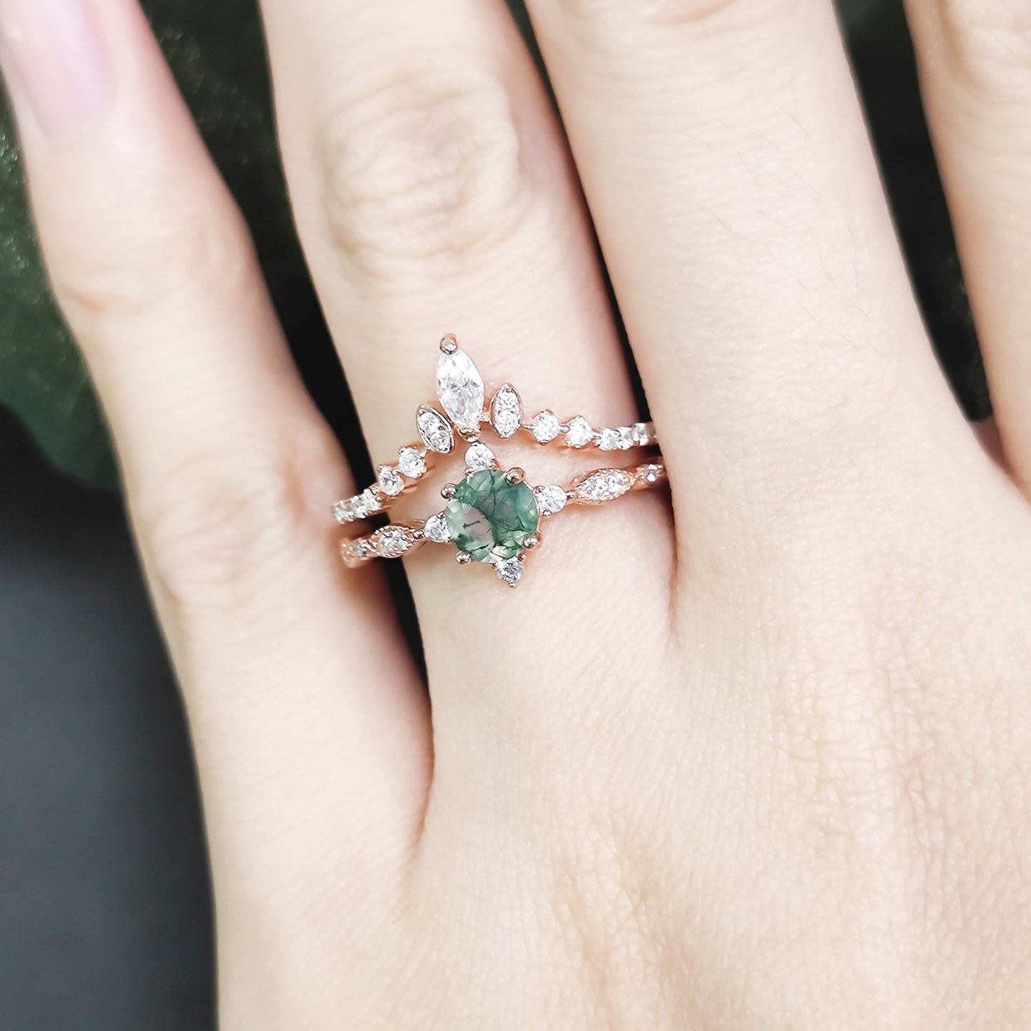Round Cut Moss Agate Unique Engagement Ring Set 2pcs