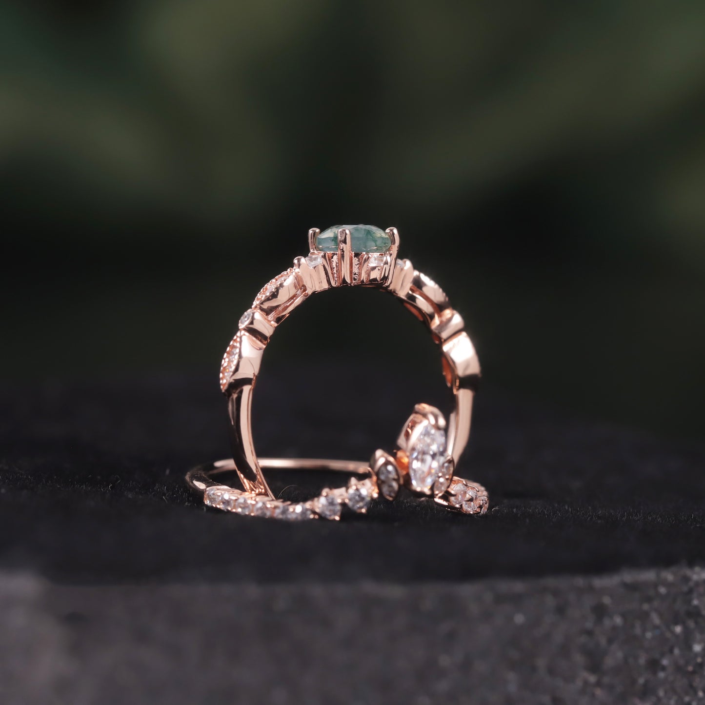 Round Cut Moss Agate Unique Engagement Ring Set 2pcs