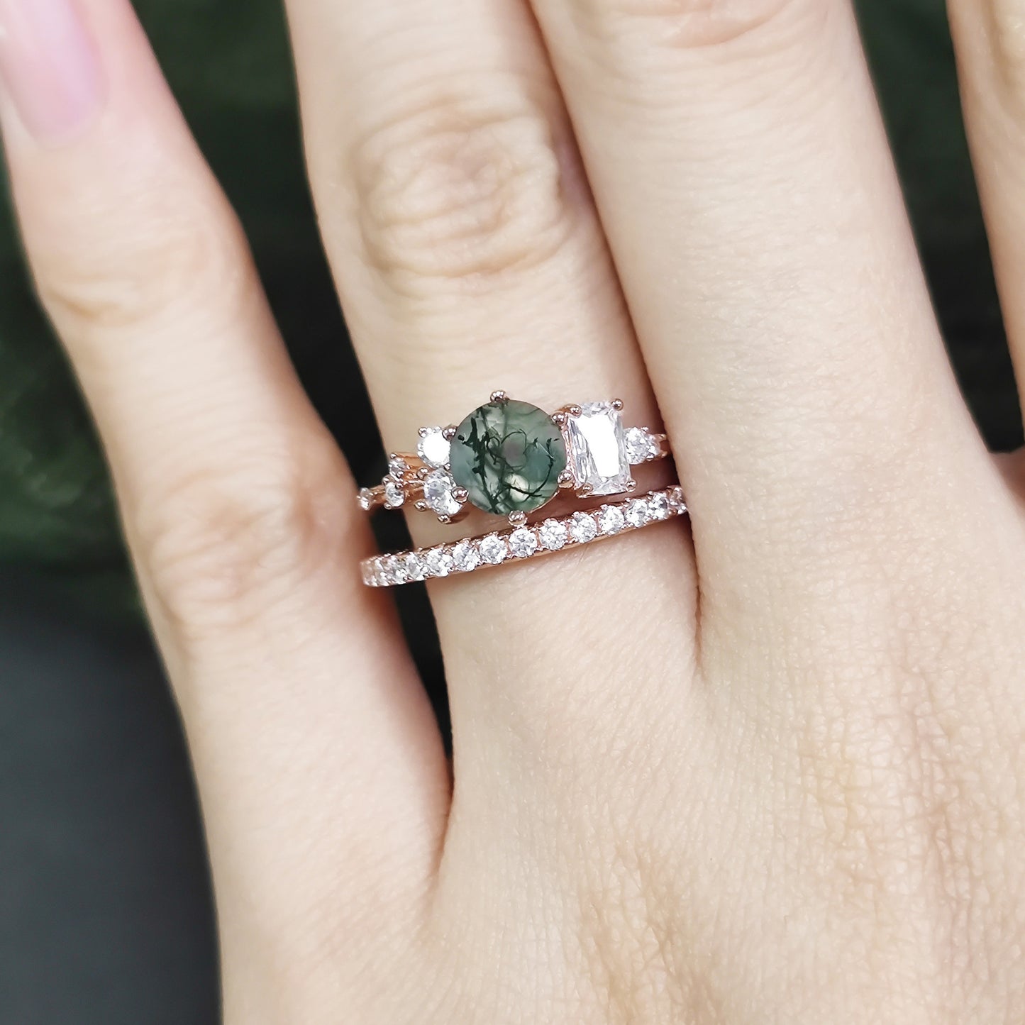 Moss Agate Leafy Vine & Cluster Engagement Ring Set 2pcs