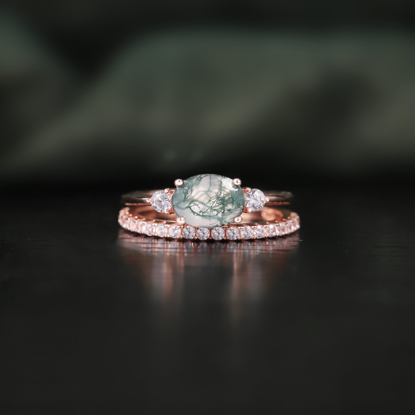 Oval Moss Agate Three Stones Engagement Ring Set 2pcs