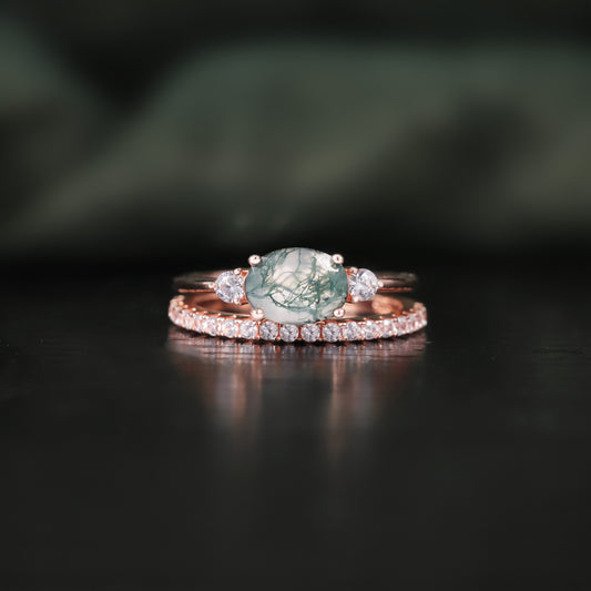 Oval Moss Agate Three Stones Engagement Ring Set 2pcs