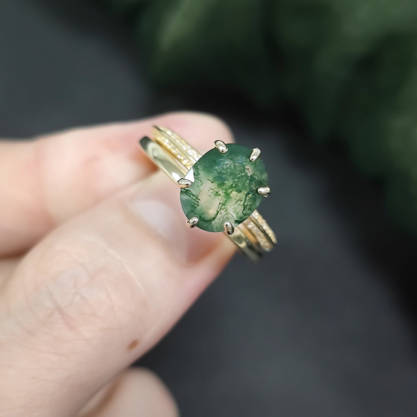 Oval Moss Agate Solitaire Engagement Ring Set 2pcs