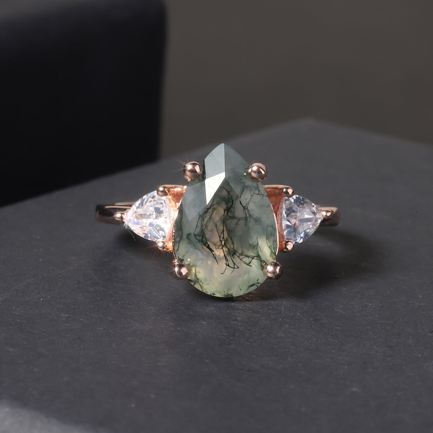 Pear Shaped Moss Agate Engagement Ring Three-Stone Style