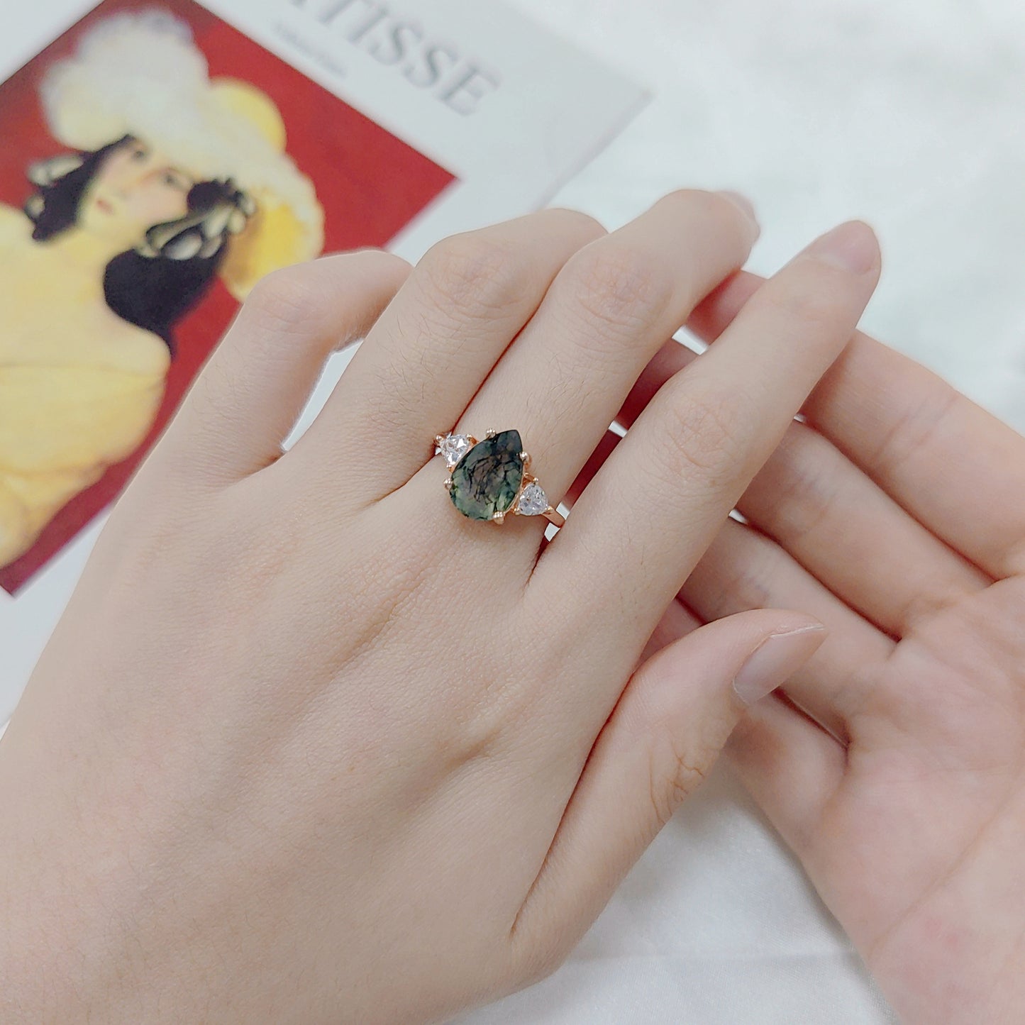 Pear Shaped Moss Agate Engagement Ring Three-Stone Style