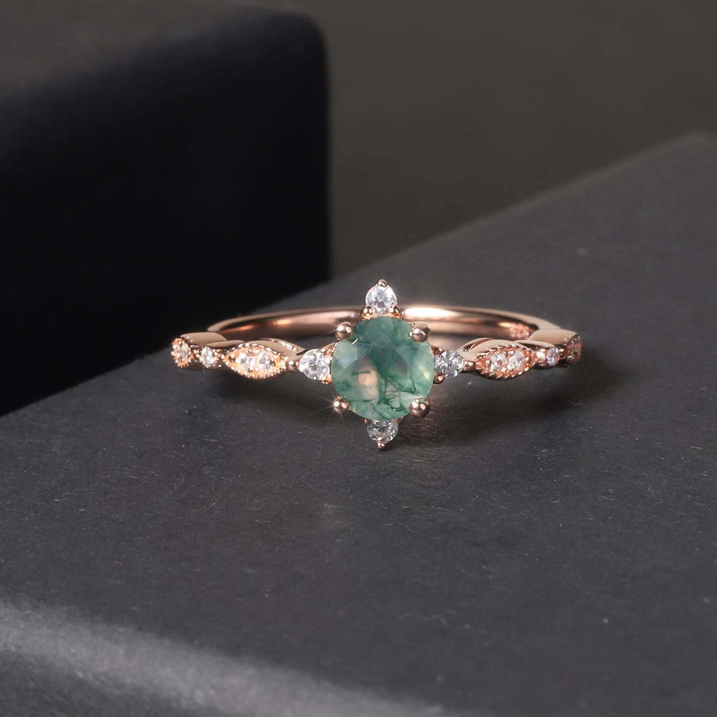 Round Vintage Moss Agate Engagement Ring