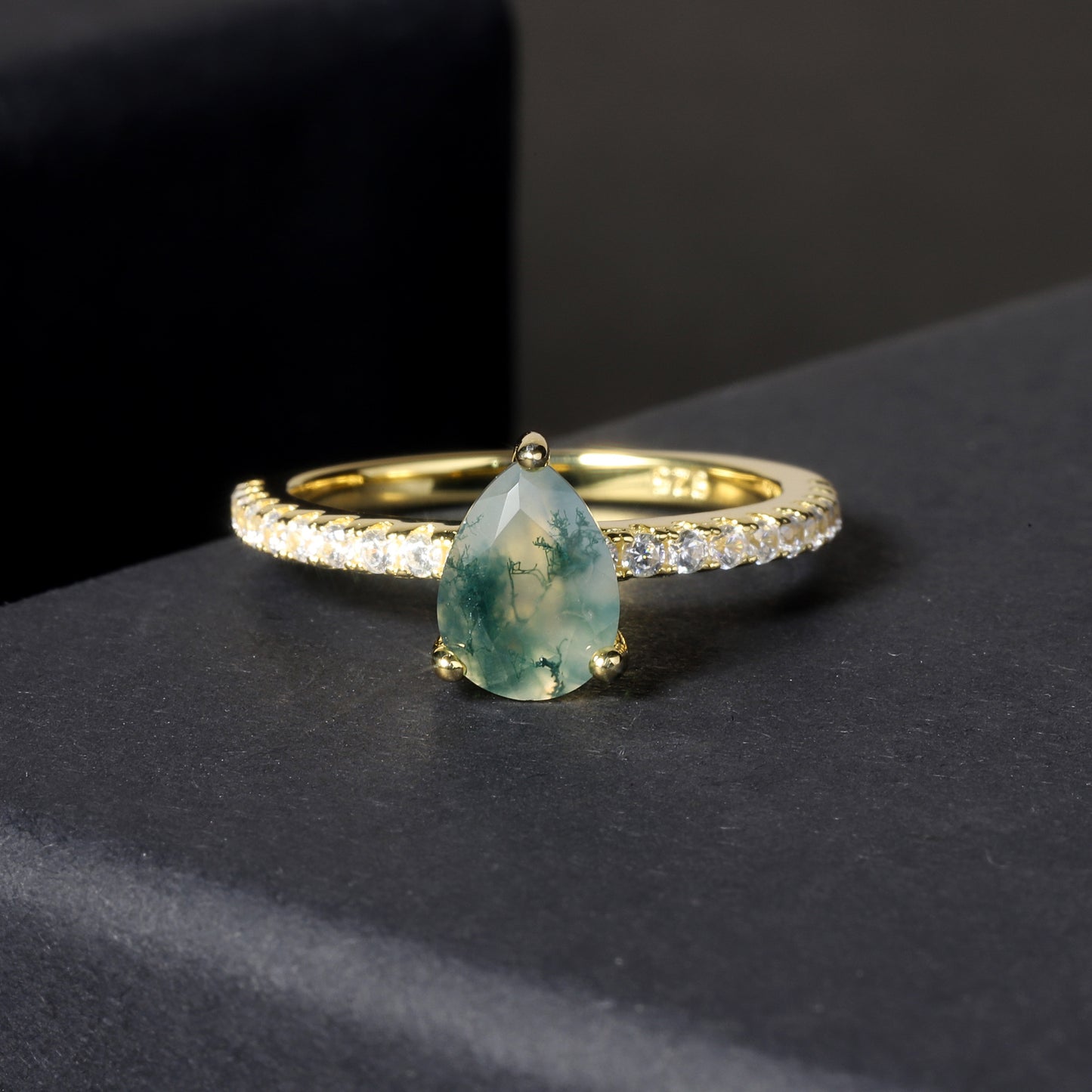 Unique Pear Cut Moss Agate Engagement Ring