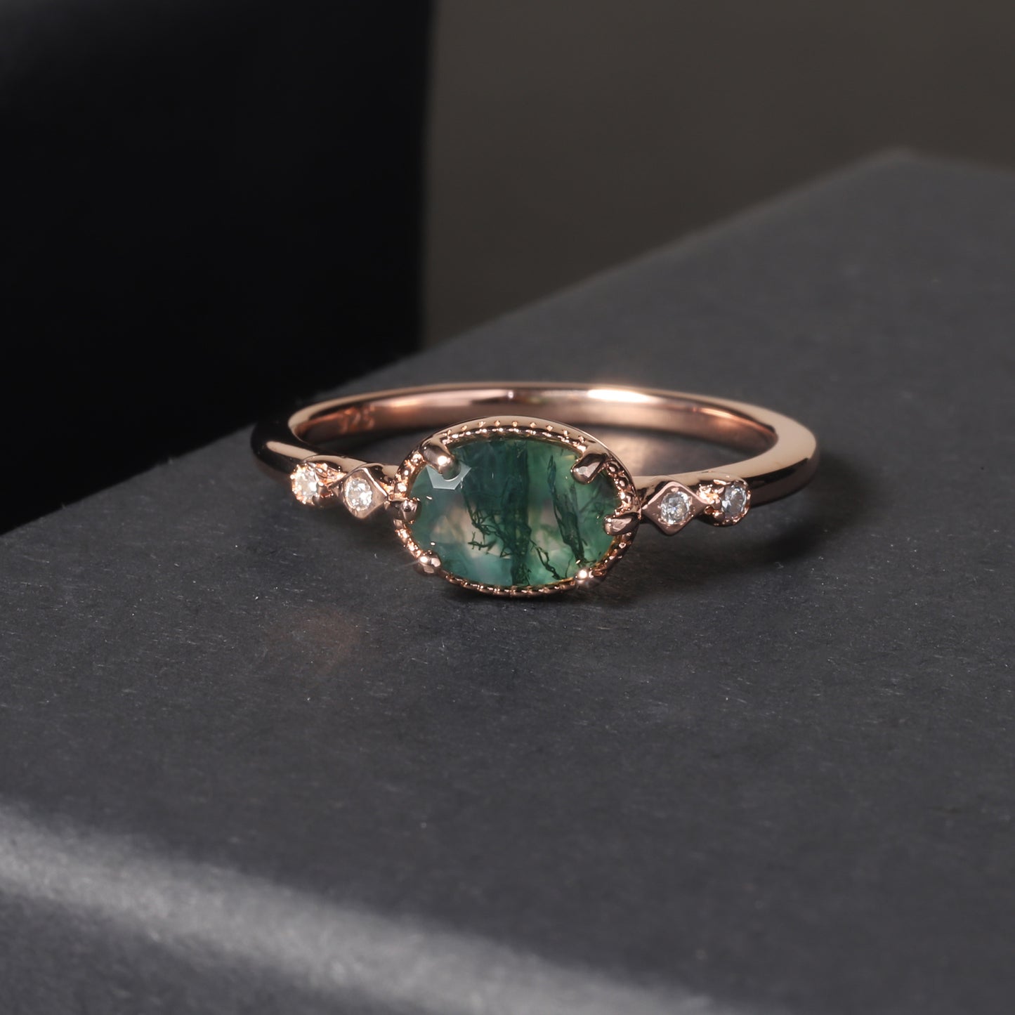 Oval Moss Agate Classic Cluster Vintage Engagement Ring