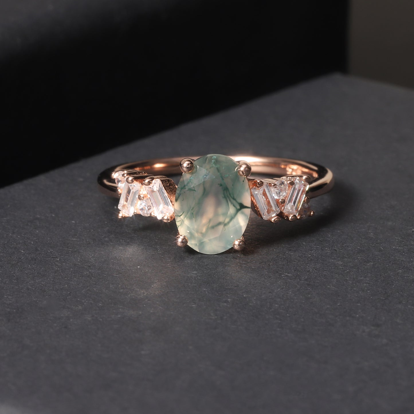 Oval Style Unique Design Moss Agate Engagement Ring