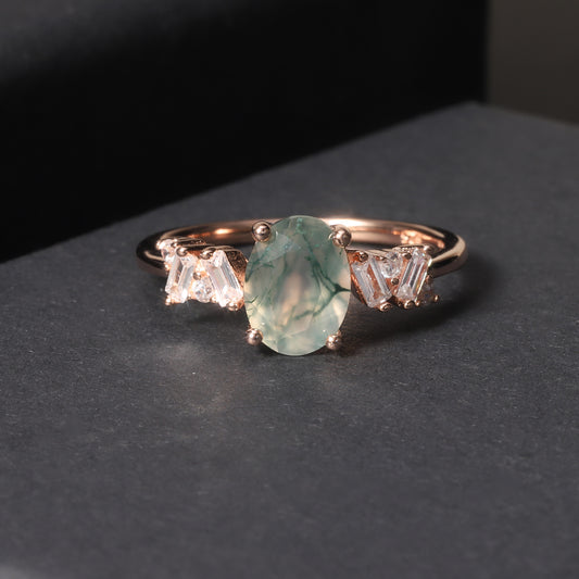 Oval Style Unique Design Moss Agate Engagement Ring