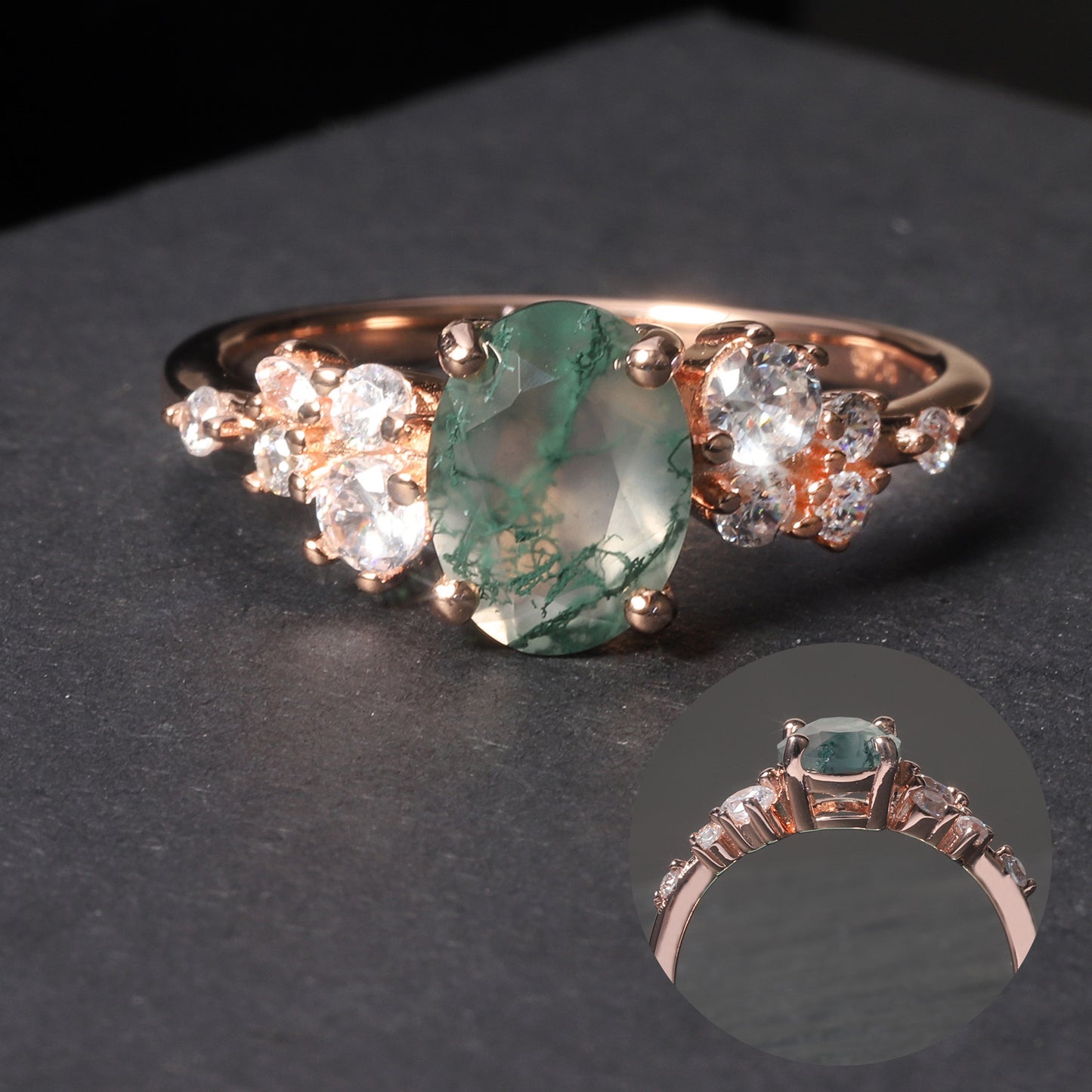Oval Leafy Style Moss Agate Engagement Ring