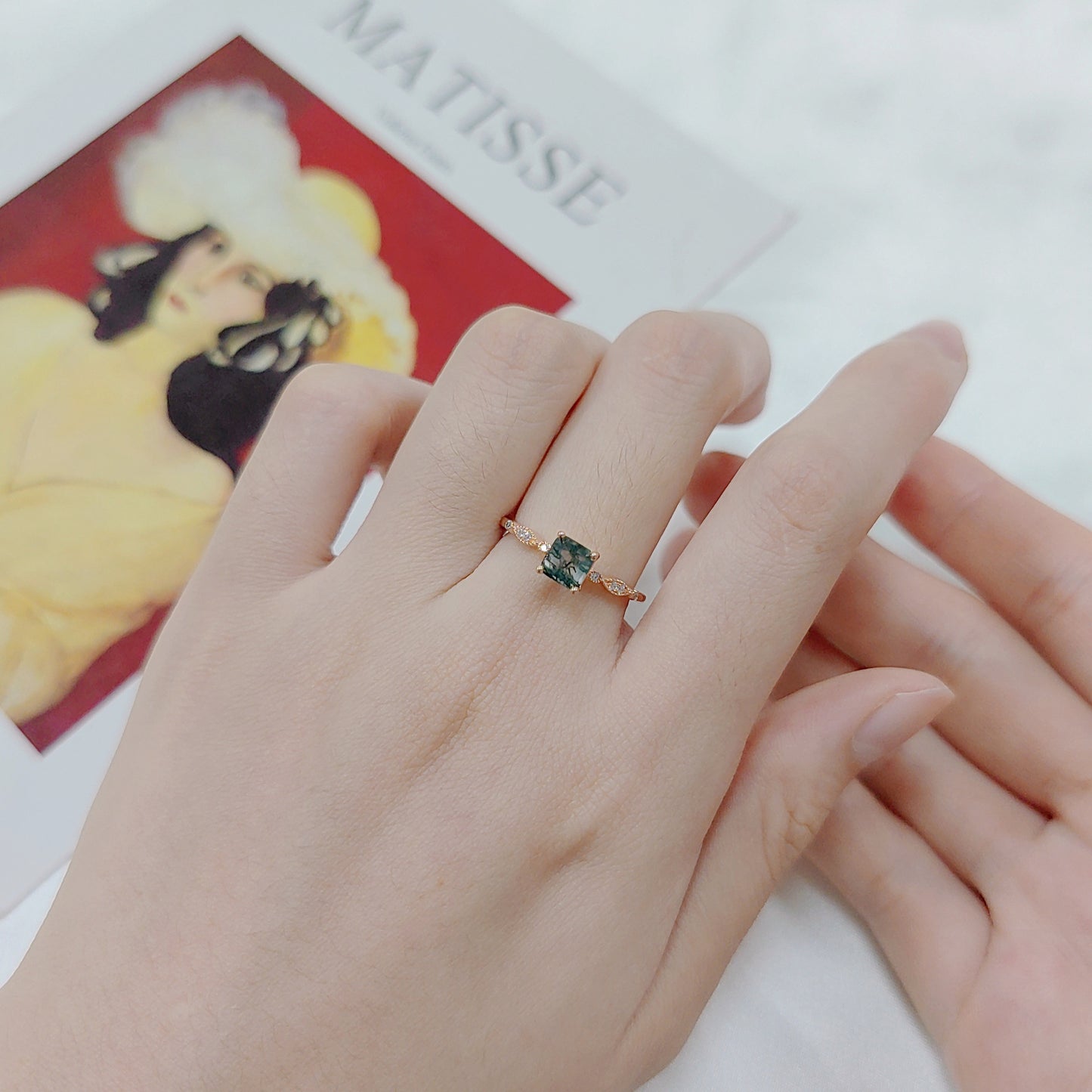 Princess Cut Moss Agate Vintage Engagement Ring