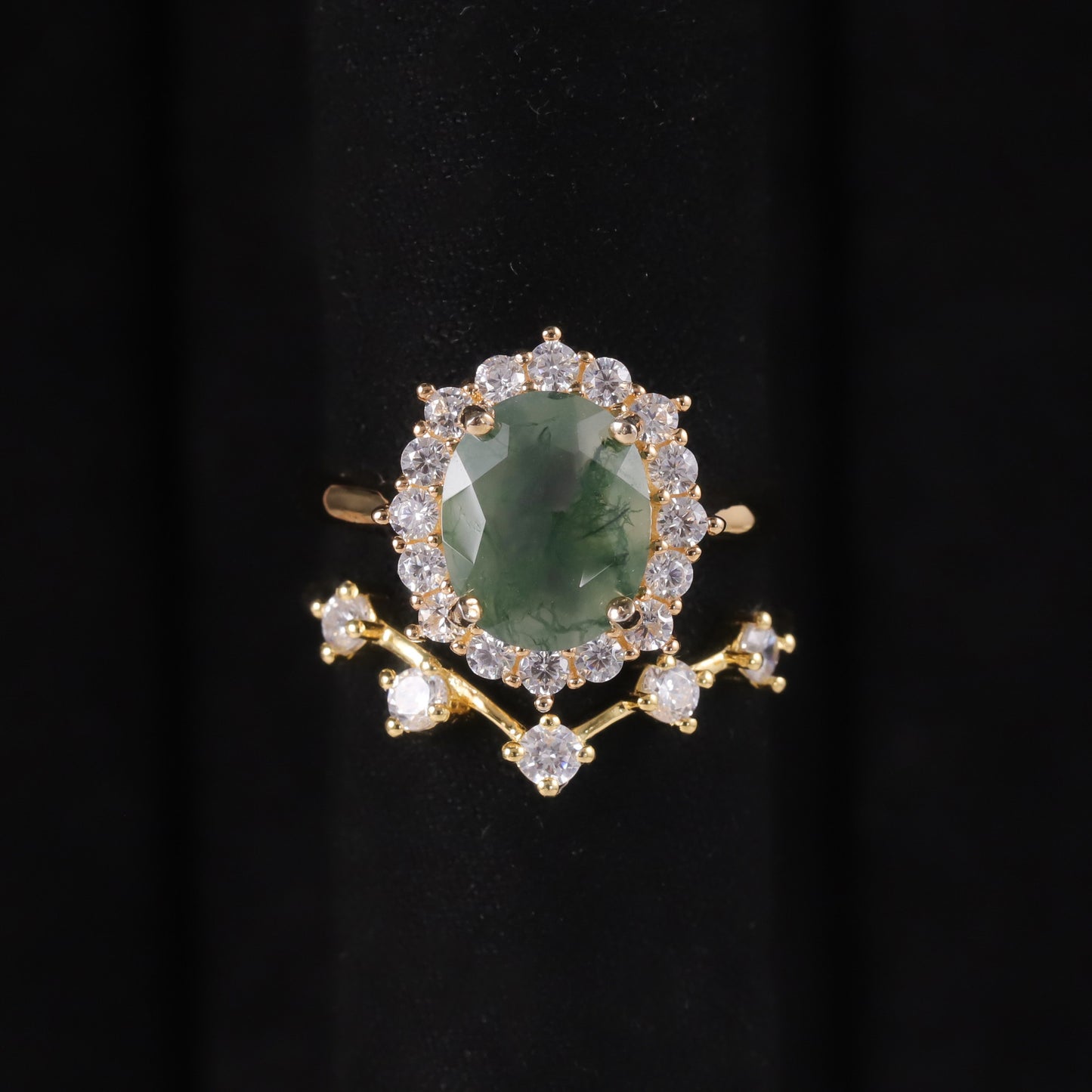 Halo Oval Cut Moss Agate Vintage Engagement Ring Set 2pcs