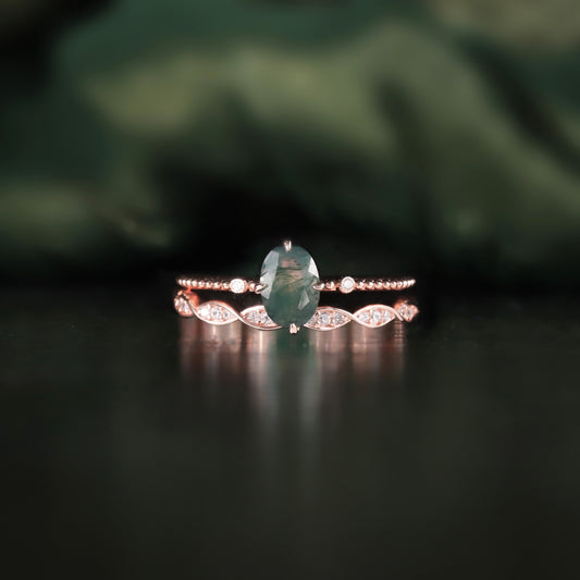 Oval Moss Agate Engagement Ring Sets 2pcs