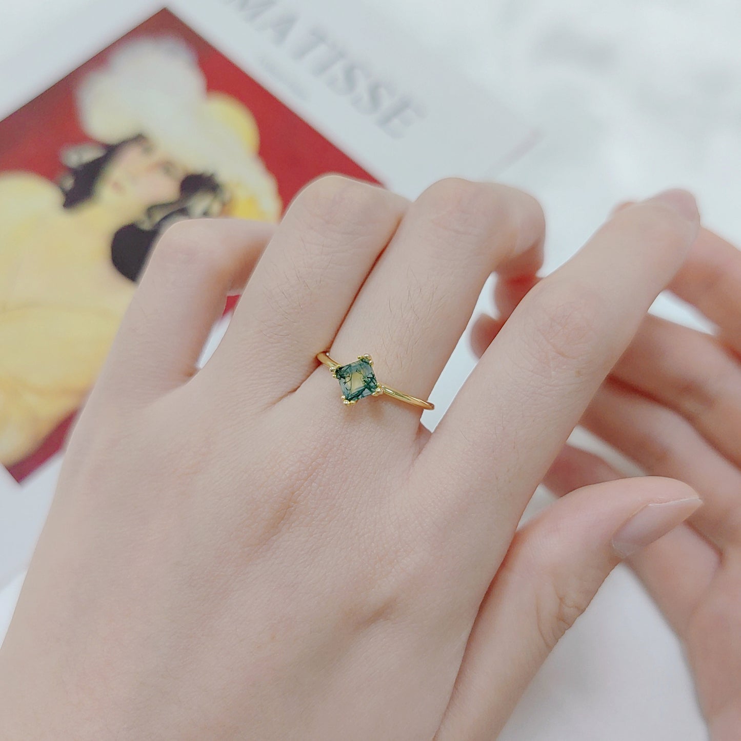 Princess Cut Moss Agate Unique Engagement Ring