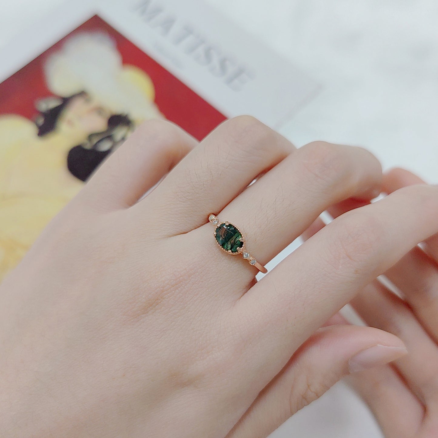 Oval Moss Agate Classic Cluster Vintage Engagement Ring