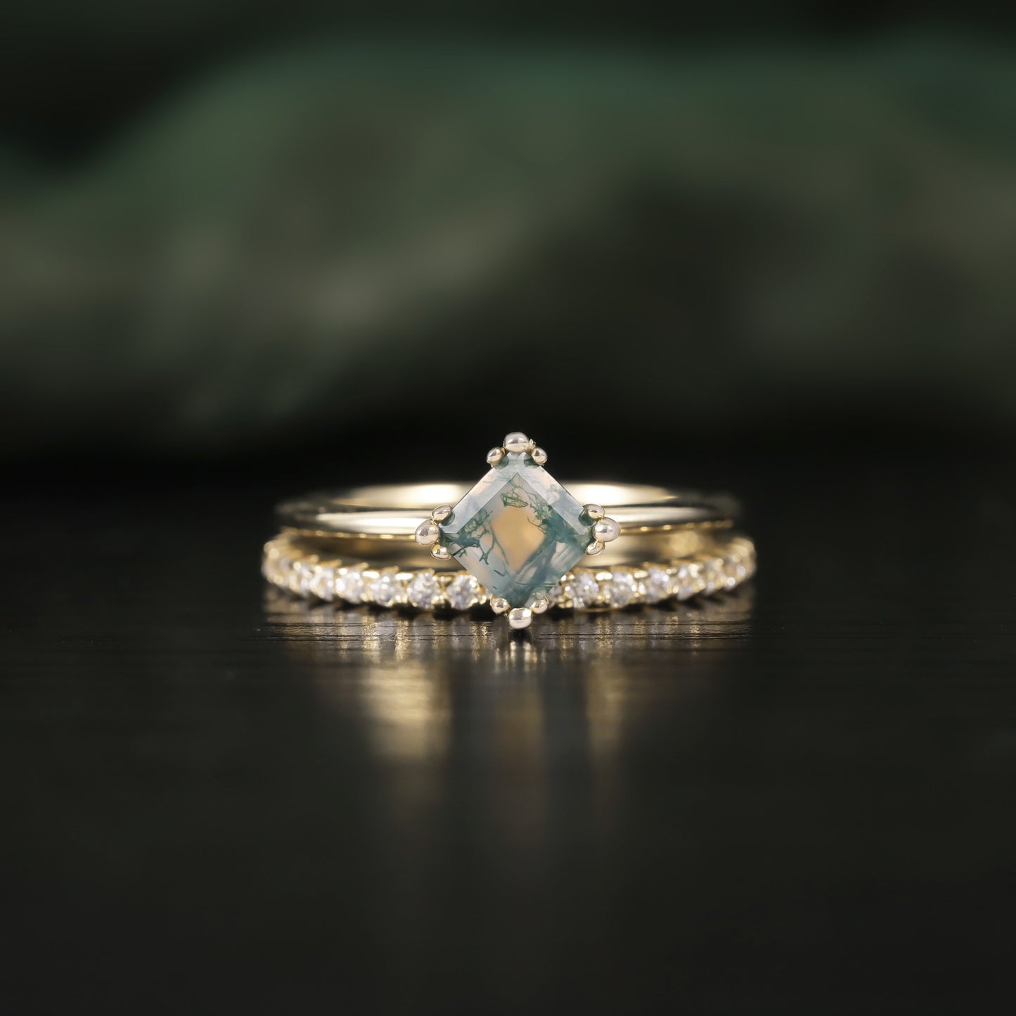 Princess Cut Moss Agate Unique Engagement Ring