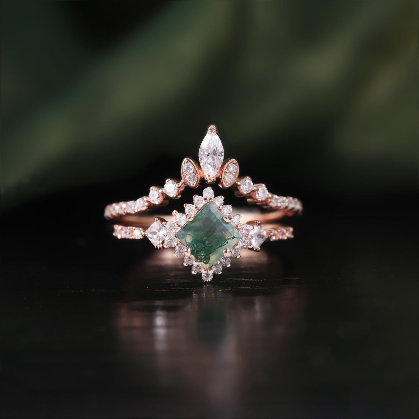 Princess Cut Vintage Moss Agate Halo Engagement Ring